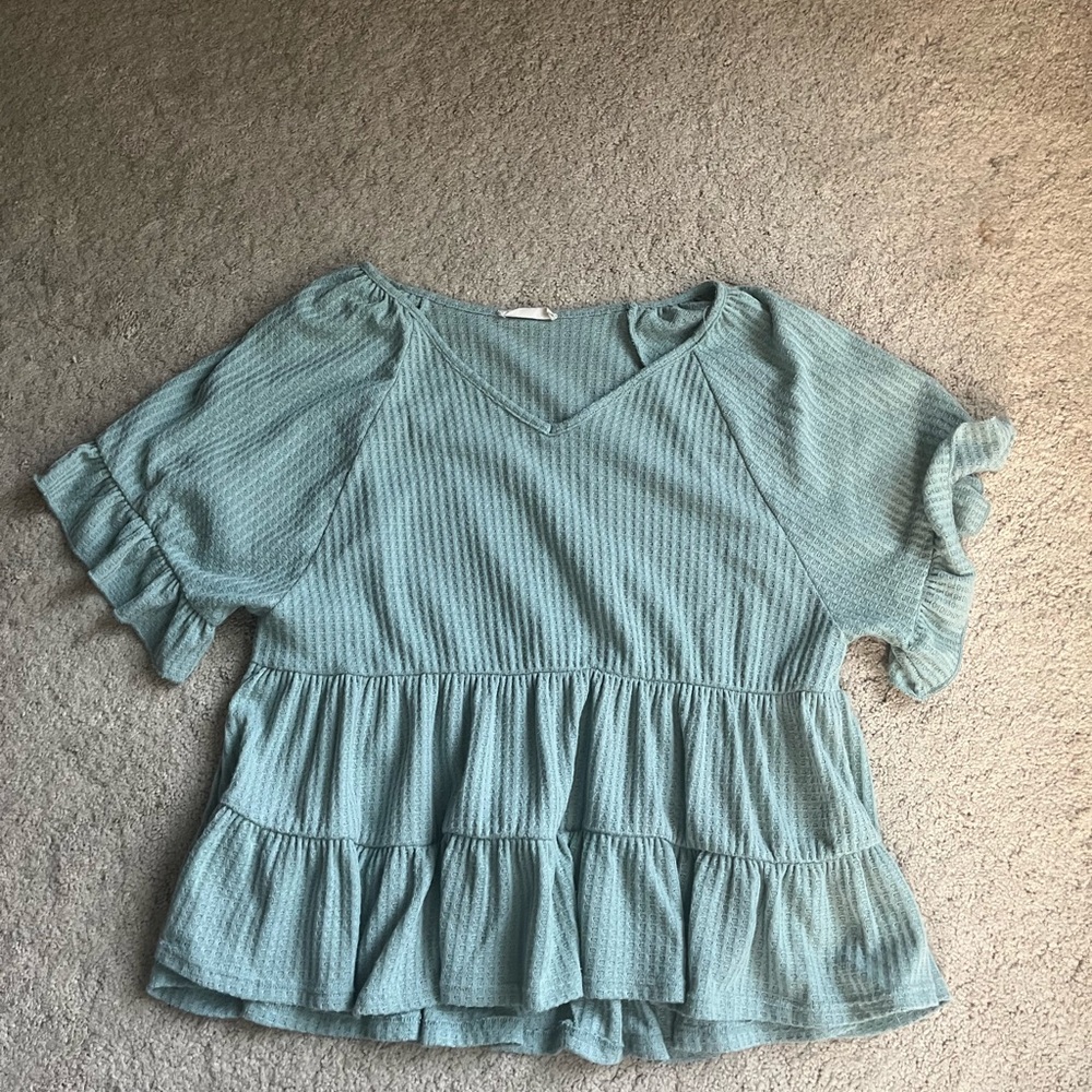 Altar'd State Teal Textured Blouse with Ruffle Sleeves